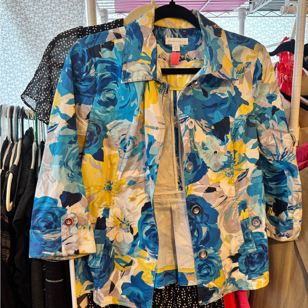 Chico's Blue and Yellow Floral Jacket